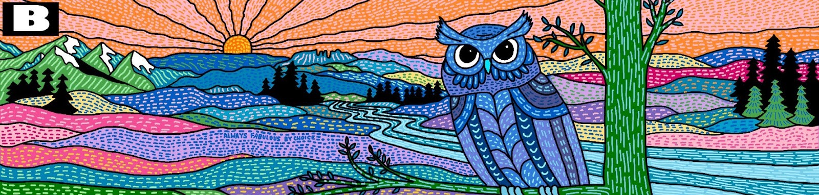 mural of owl, mountains, sunset, trees, in blues and oranges and pinks to be painted on the box car on O'Dea's playground.