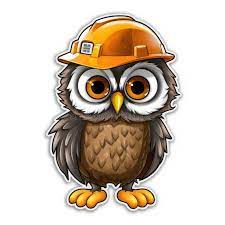 little cartoon owl with big eyes wearing a hard hat