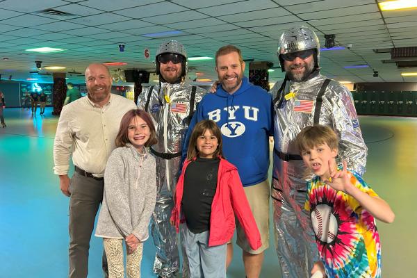 Students, Dr. Martin, Mr. Joyal, and two astronauts representing our O'Dea FUNraiser at the Rollerland O'Dea Skating Party.